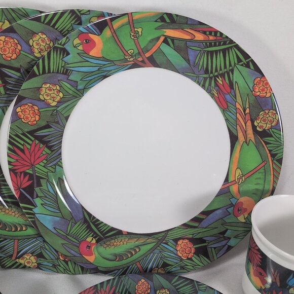 MALA Melamine Jungle Parrots & Flowers Set Cups Saucers Bowls Plates 10 Lot - Picture 2 of 15